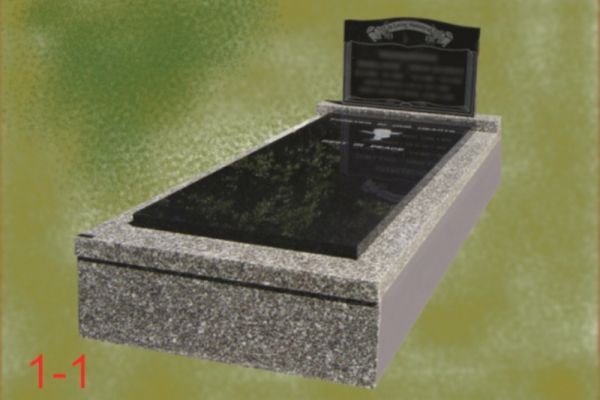Single monument grave with Australian Imperial Black serptine top headstone and ledger, Australian Greymere base, kerbs, front veneer (no side veneers) with a white incised inscription.