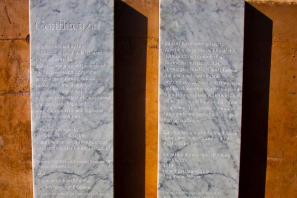 Confluenza marble commemorative plaques with inscriptions.