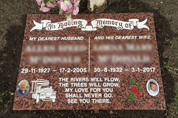 Australian Calca granite lawn plaque with a white incised inscription, customised motif artwork and porcelain photos