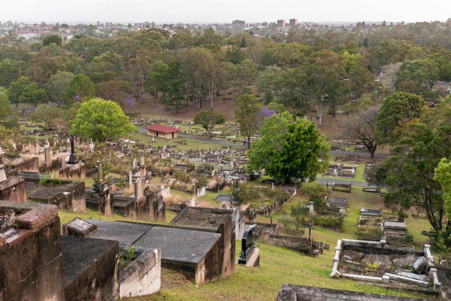 The steep and hilly landscape at Toowong Cemetery provides unique views from across the venue.